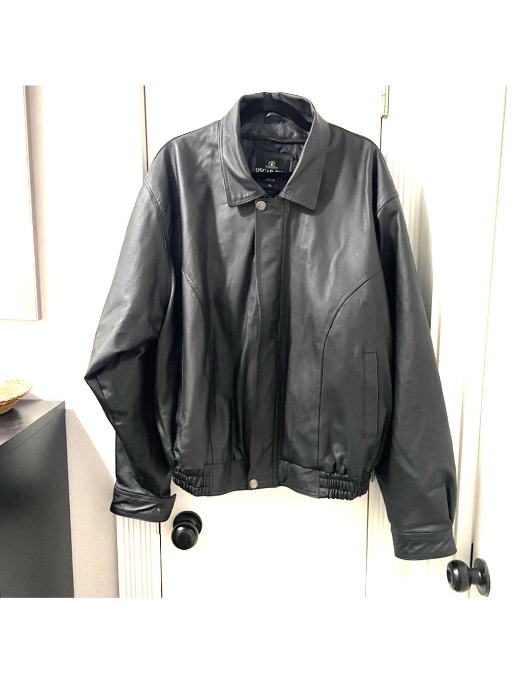 Vintage Oscar Piel Jacket Mens XL Black Leather Bomber Quilted Lined Classic
